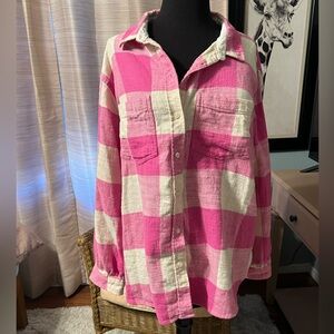 American Eagle Pink and Cream Plaid Flannel Shirt